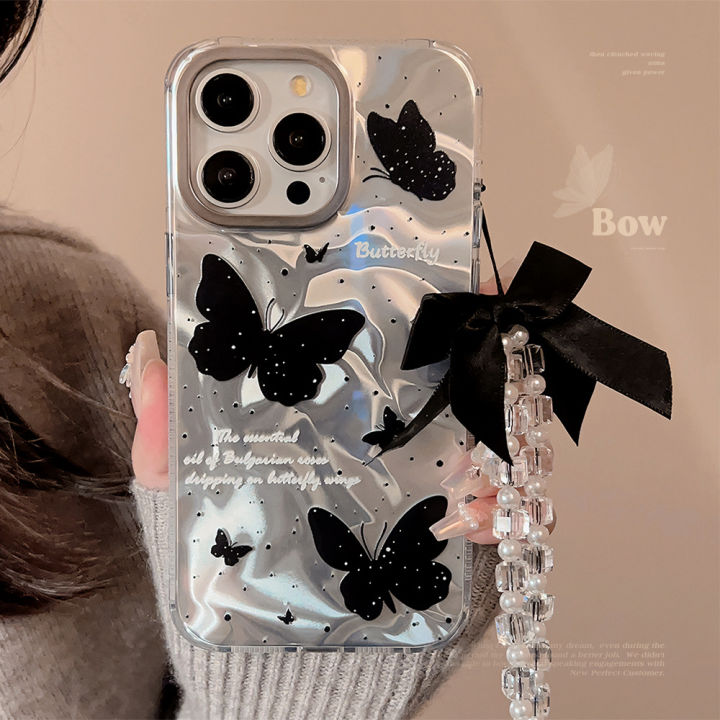 100% Quality+COD Holographic Black Butterfly Phone Case with Lanyard for iPhone 15 PRO MAX PLUS 14 13 12 Reflective Fashionable Phone Cover