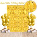 Square Box shape metallic tinsel fringe foil curtain party backdrop in Golden. 