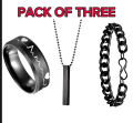 PACK OF 3 AMAZING NECKLACE DEAL FOR MEN | FASHION HIGH QUALITY BLACK BAR STICK NECKLACE + BLACK STAINLESS STEEL CHAIN BRACELET + BLACK TITANIUM STAINLESS STEEL HEARTBEAT RING FOR BOY AND MEN. 