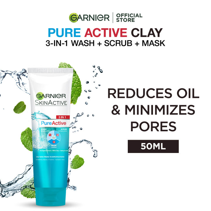 Garnier Skin Active Pure Active 3-in-1 Wash + Scrub +Mask, For Oily Skin, 50ml - Dissolve Dirt and Impurities