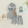 Infant Baby Boy 2 Pieces Outfits, Patchwork Hooded Sleeveless Tank Tops + Elastic Waist Solid Color Shorts Summer Set. 