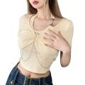 Women Cropped Tops, Short Sleeve Solid Color Metal Chain Casual Party Street Daily Spring Summer Short Shirt. 