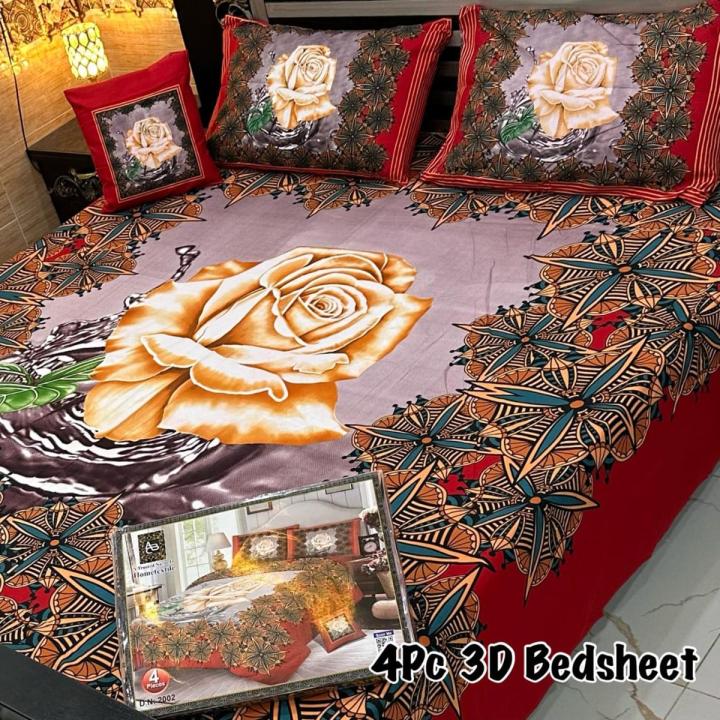 4 Piece 3D Crystal Cotton Bedsheet | Double Size Bedsheet | Poly Cotton Bedsheet | King Size Bedsheet with 3 pillow and 1 Double Size Bedsheet