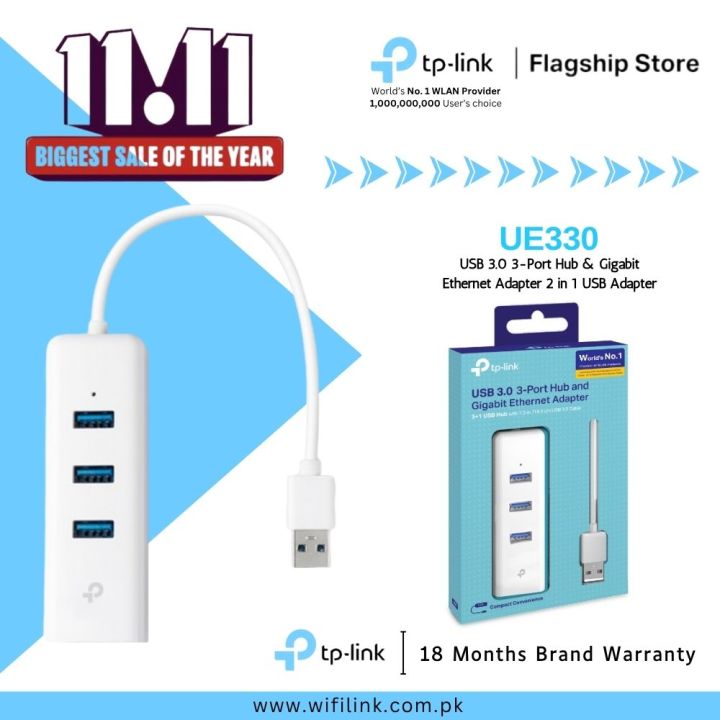 TP-Link USB 3.0 to RJ45 & 3-Port USB 3.0 Hub UE330 USB 3.0 3-Port Hub & Gigabit Ethernet Adapter 2 in 1 USB Adapter 10/100/1000 Mbps - 18 Months Brand Warranty