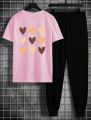 Hearts Printed Sport Set Summer 2-Piece Outfit Short Sleeve T Shirts and Pants Stylish Casual Tracksuit For Women. 