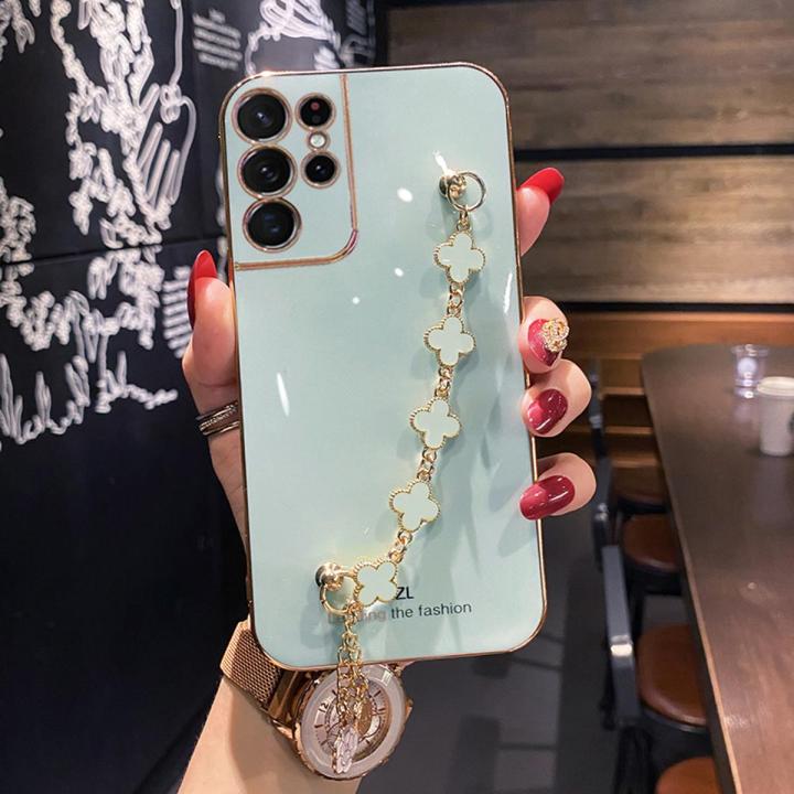 For Samsung Galaxy S23 Ultra Back Cover with Bracelet Wristband Luxury Clover Chain 6D Plating Frame Shiny Girls Cases Soft Silicone Square Protective Mobile Phone Case