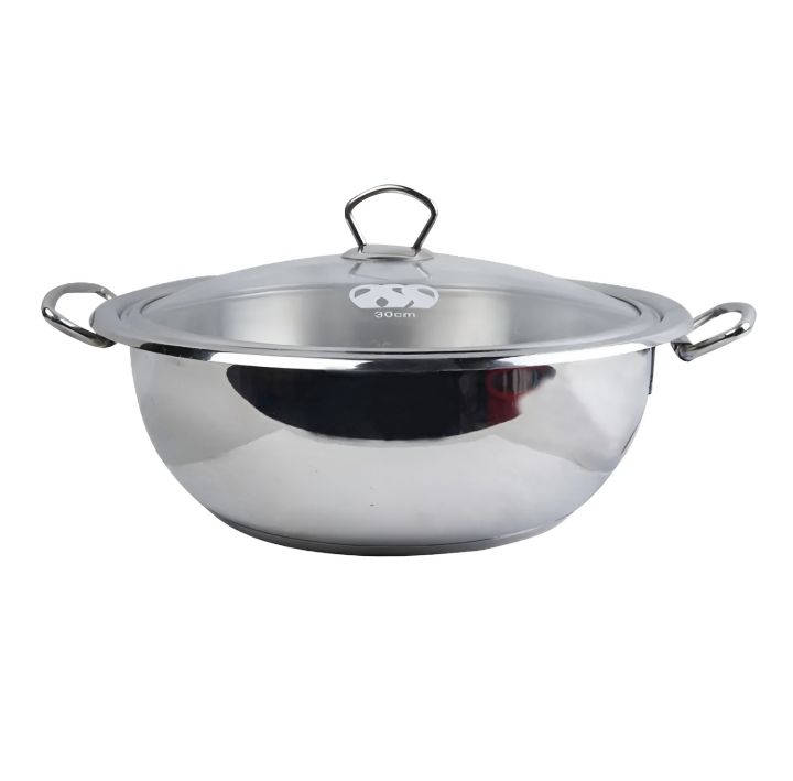 Alpha_ Stainless Steel Cooking Wok-Encapsulated Double Bottom  Stainless Steel Karahi Pot With Glass Lid (30cm) .