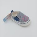 Navy Blue Striped Canvas Baby Slip-On Shoes | Soft Sole Infant Sneakers with Cute Pink Bunny Design. 