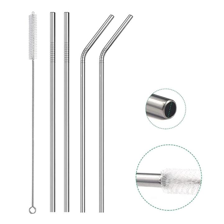 Straws Stainless Steel - Drinking Straw Reusable with Ultra Long 4 Metal Straws 8.5"(2 Straight, 2 Bend) and 1 Cleaning Brush - Eco Friendly Drinking Straws