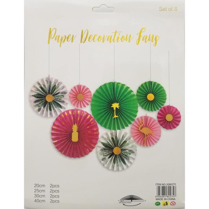 FLAMINGO THEME PAPER FAN SET PACK OF 8 FLAMINGO PAPER FANS