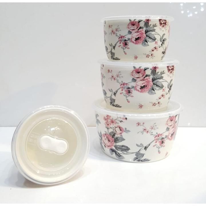 04 Pieces Ceramic Sealed Fresh Bowl Set With Plastic Lid - Multicolor