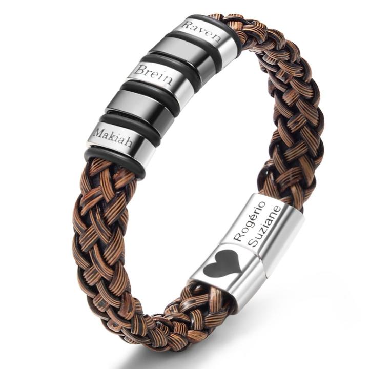 PRMOO Custom Name Mens Bracelets Leather Cord Engraved Stainless Steel Beads Magnetic Clasp Personalized Text Symbols Bracelet