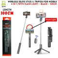 4 in 1 Wireless Selfie Stick & Tripod With Light - 100cm / 170cm With & Without Light - Tripod, Selfie Stick, Selfie Light, Bluetooth Shutter - Foldable & Portable For All Mobile Phones With Detachable Charging Cable - Black & Pink. 