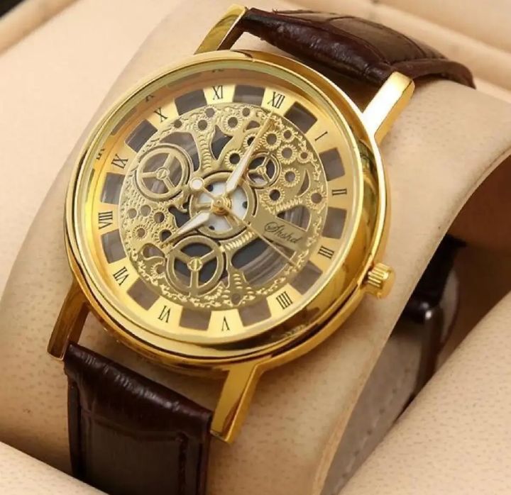Skeleton Watch For Use Casual Gold Brown Leather Stylish Straps For Man