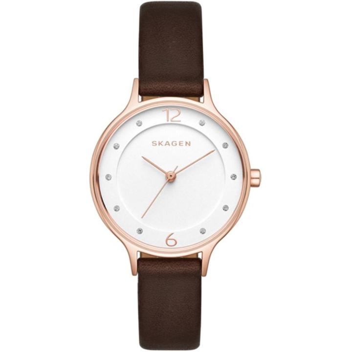 Skagen White Dial Brown Leather Strap Watch For Women SKW2472