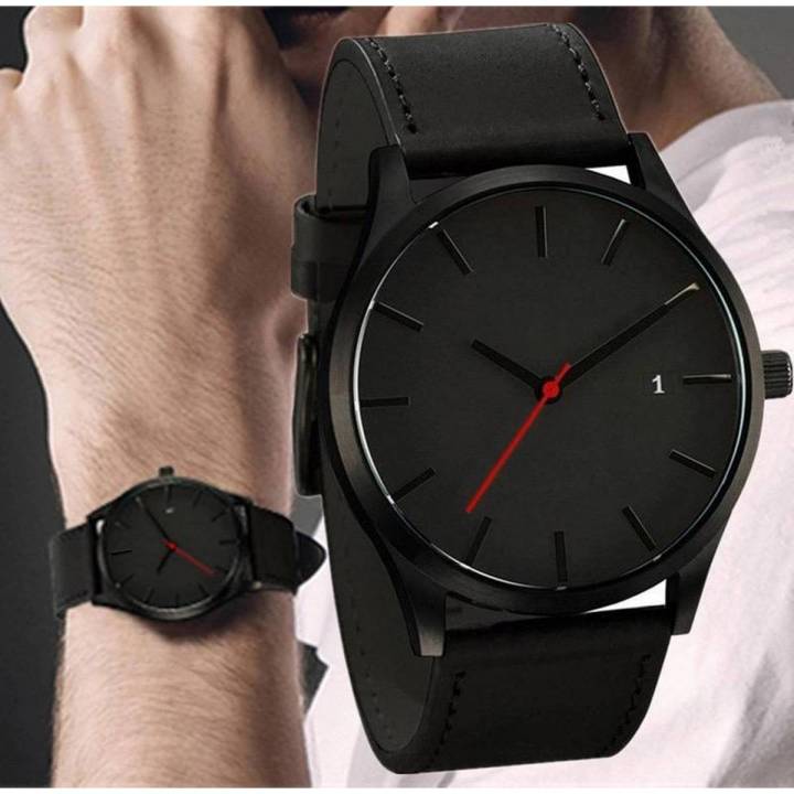 Analog Date Leather Men Wrist Watch Black For Gents Watch With Box Daraz.pk