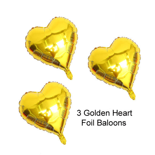 Golden Heart 3 Foil Balloons Pack For Birthday - Anniversary Decoration - Party Decoration