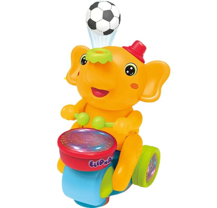 Techfawn Toyz Musical Walking Elephant Drummer Toy with Flashing Light & Sound Toy for Kids Beating Drum Blowing Ball Toy - Yellow
