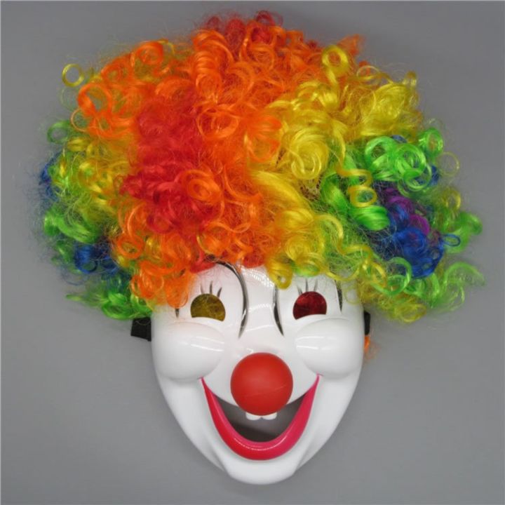 Clown Wig & Mask Set | Rainbow Afro Wig + White Clown Face Mask with Red Nose | Halloween, Circus & Funny Party Costume for Kids & Adults