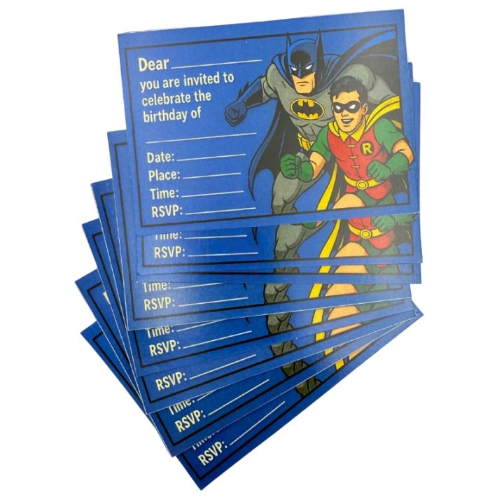 Batman And Robin Invitation Cards - 4 Inch By 3 Inch - Invitation Cards - Batman Theme - Blue - Boys - Pack Of 8