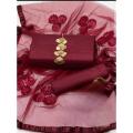 Shah Kamal Fabrics Unstitched 3 Piece Suit-Katan Silk Plain Shirt & Trouser with Net Dupatta For Ladies. 