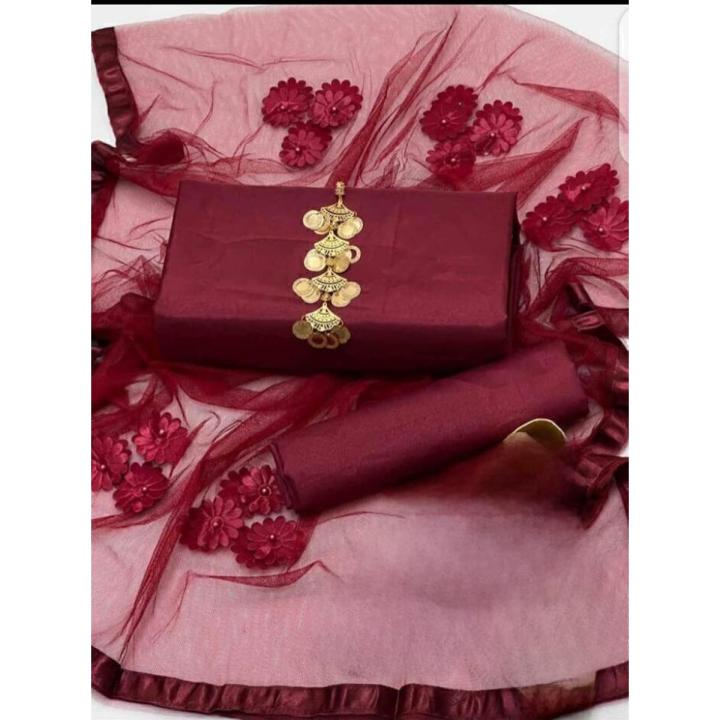 Shah Kamal Fabrics Unstitched 3 Piece Suit-Katan Silk Plain Shirt & Trouser with Net Dupatta For Ladies