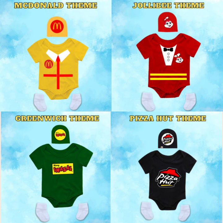 FULL SET 3 in 1 Baby Milestone Onesie Romper Fastfood Theme Jollibee Mcdo Mang Inasal Pizza Hut