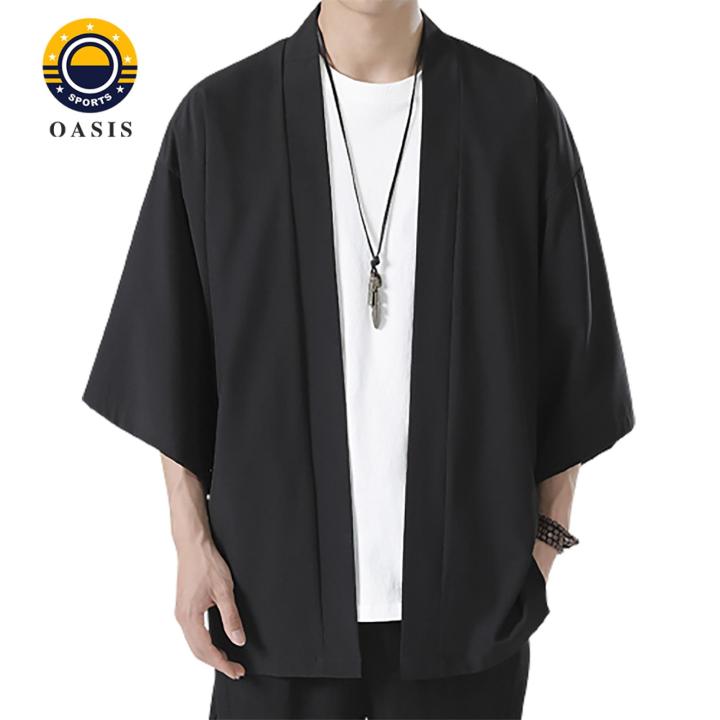 Oasis Men Breathable Shirt Japanese Style Men's Kimono Shirt Traditional Samurai Costume Cardigan for Fashion Enthusiasts Comfortable Men Top