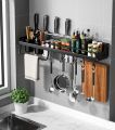 Latest Kitchen Shelf Wall-mounted Spice Storage Racks Punch-free , Knife Holder kitchen Organizer with 4 Knife Slots, 2 Cup Baskets, 6 Hooks, 1 Cloth Rack (31 Inch). 