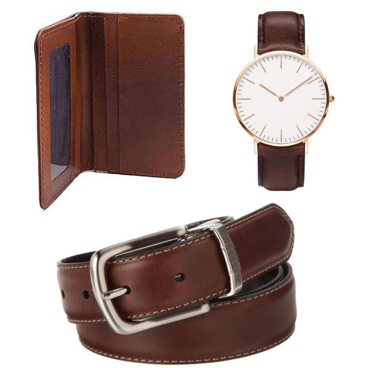 Brown Leather Strap Watch Belt And Card Holder - Premium Quality - Fashionable And Functional For Men