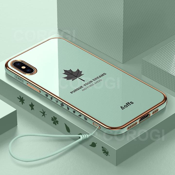 For iPhone Xs / iPhone X Back Cover + Wrist Strap Fashion Shiny Maple leaf Plating Square Bumper Phone Case Soft TPU Silicone Shockproof Protective Cover