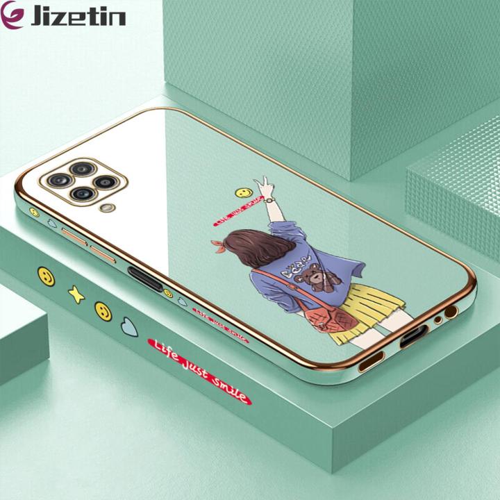 Jizetin (Free Lanyard) for Samsung A12 A12 5G M12 Back Cover Back Girl Luxury 6D Plating Case Side Pattern Soft Silicone Square Phone Cases