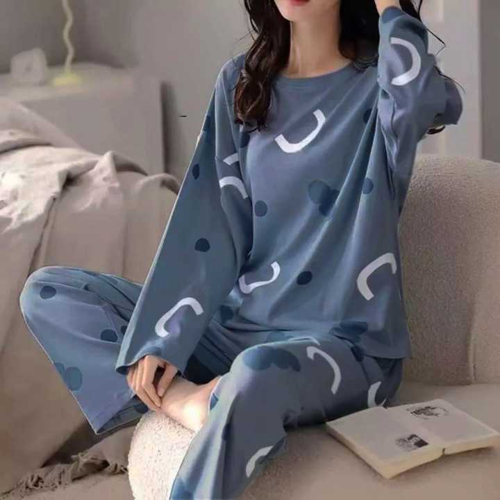 Printed Full Sleeves Printed Cotton Jersey Ladies Sleep Dress Night Wear with Shirt and Trouser (Complete Sleeping Suit) For Women and Girls