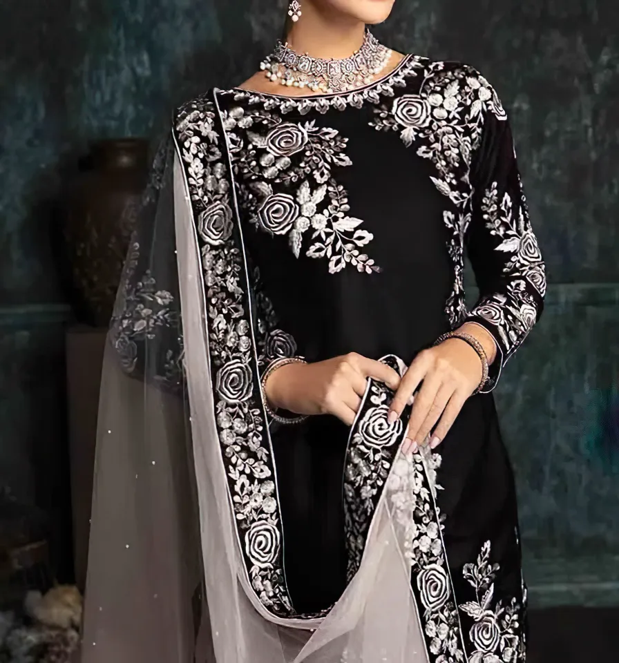 black fancy dress design Velvet dress design ideas | Black velvet dress designs | Trendy dress designs | Latest dress design ideas | Winter wear | Fancy dress design