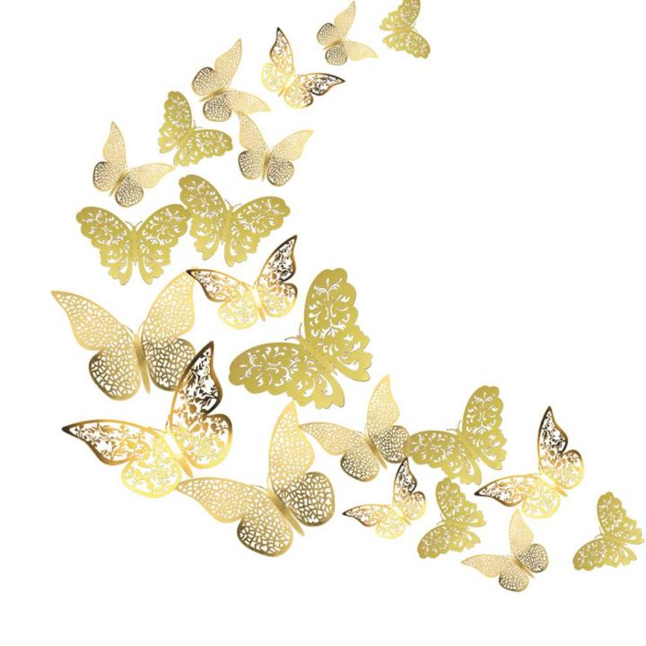 12pcs/set 3D Butterfly Wall Stickers Removable Mural Stickers DIY Art Wall Decals Decor with Glue for Bedroom Wedding Party--Gold