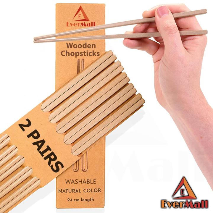 Wooden Chopsticks Reusable - Chinese Style Natural Bamboo Washable Chopstick - 2 PAIRS