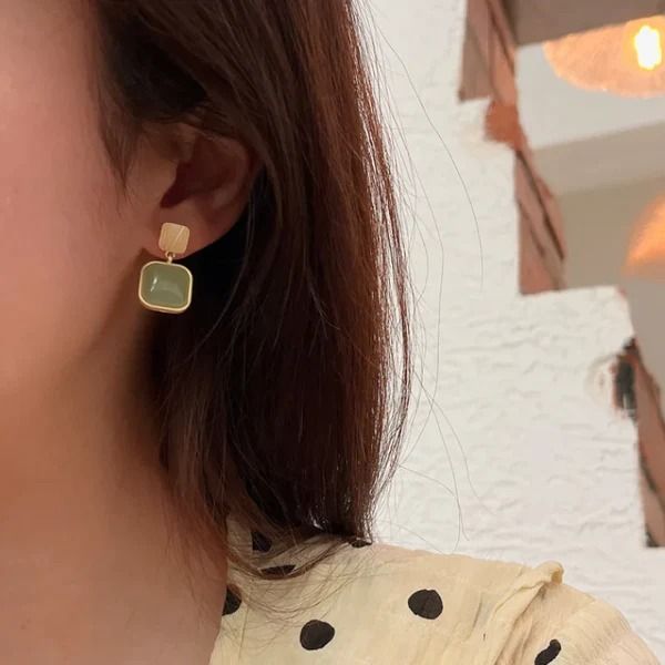 Jade Green Stone Square Drop Earrings For Women Jewelry