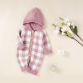 Newborn Hooded Knit Jumpsuit, Toddler Casual Plaid Pattern Long Sleeve Button Romper. 