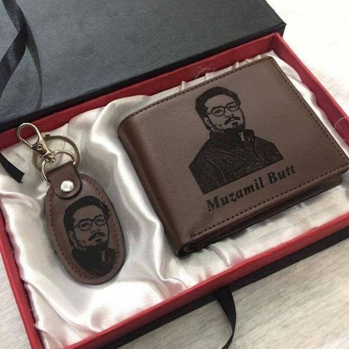 CUSTOMIZE NAME AND PICTURE ENGRAVED WALLET AND KEYCHAIN WITH BOX PACKING