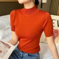 Spring and Autumn New Mock Neck Sweater Women's Slim Fit All-Match Short-Sleeved Sweater Inner Wear Blouse Pullover Bottoming Shirt. 