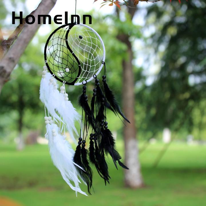 Bedroom Decor Dream Catcher Dream Catcher Black White Feather Wooden Beads Chinese Tai Chi Home Wall Decoration