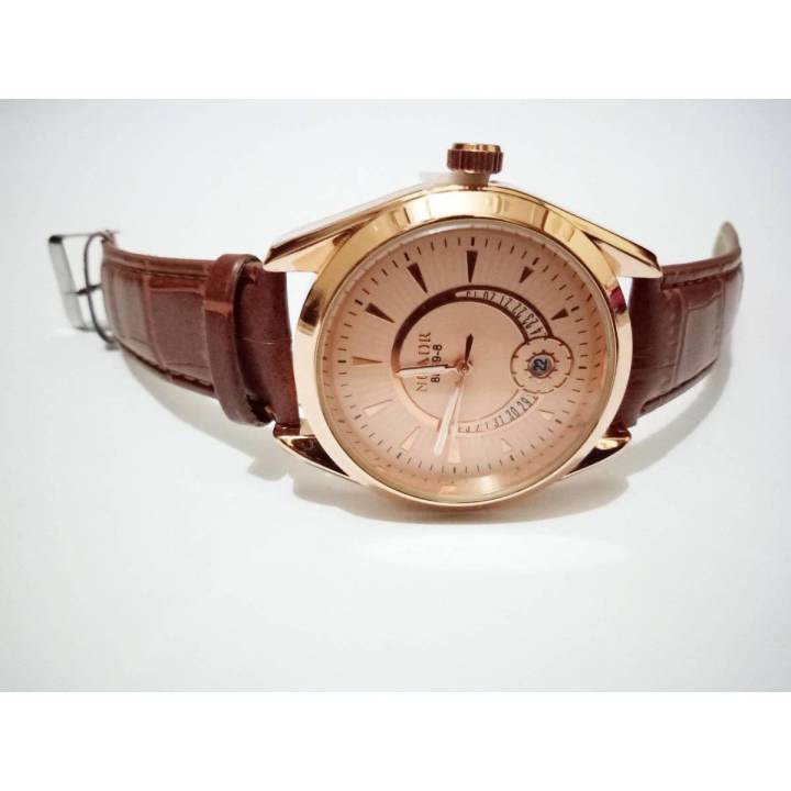 New Gold Look Brown Leather Stap watch With Date
