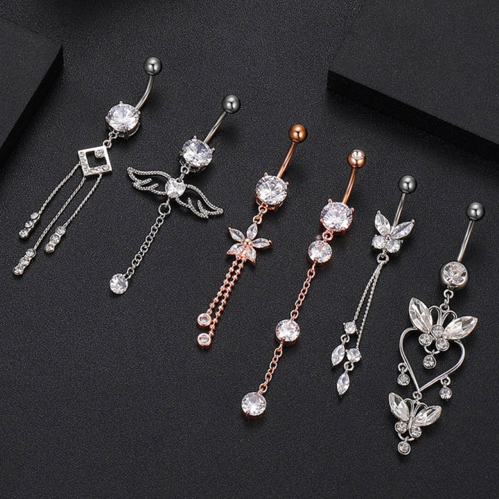 Trendy Angel Button Rings Stainless Steel Zircon Butterfly Navel Piercing Surgical for Women Body Belly Jewelry Pendant