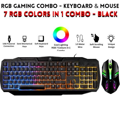 RGB Gaming Keyboard & Mouse Combo - 7 Colour Wired RGB Mouse and Keyboard Set - USB Wired Pack For PC & Laptop -  Black
