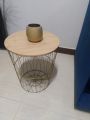 METAL WIRE REMOVEABLE MDF WOOD TOP ROUND COFFEE SIDE TABLE STORAGE BASKET (16L X 16W X 18.5H). 