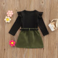 Baby Girl Clothes Set, Solid Color Long Sleeve Crew Neck Ruffle Tops + Elastic Waist A-Line Skirt + Pendant Bag. 
