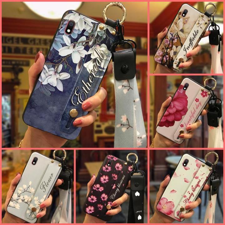 Shockproof Lanyard Phone Case For Samsung Galaxy A10 protective Durable Wristband Phone Holder Flower Soft case Silicone