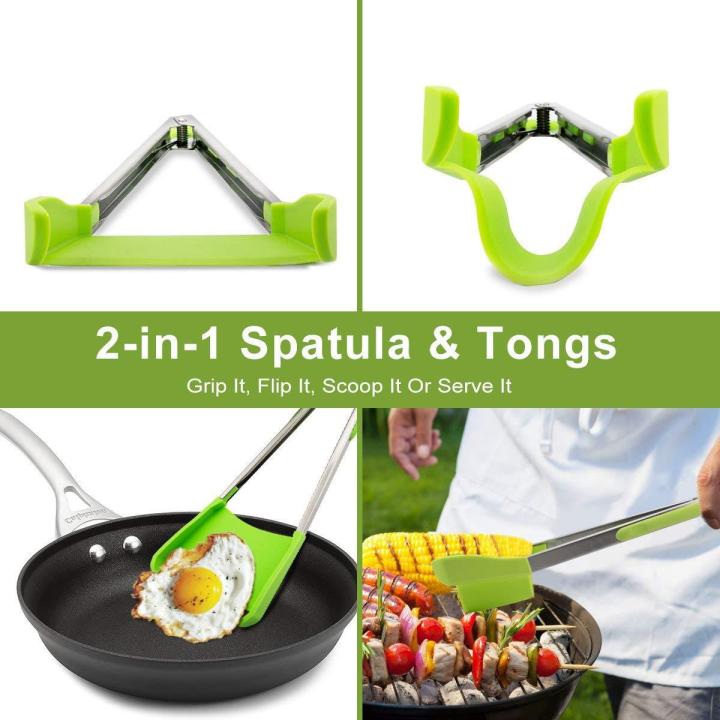 2 in 1 Clever Tongs Non Stick Heat Resistant Kitchen Spatula with Stainless Steel Frame and Heat Resistant Silicone Tong.