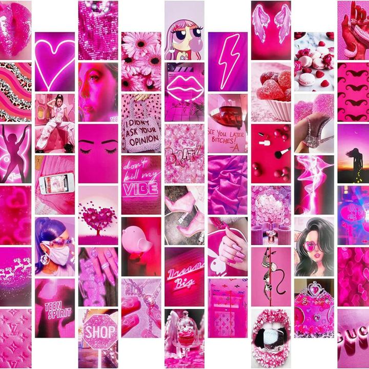 Pink Neon Aesthetic Pictures Wall Collage Kit, Cute Pink Room decor , Photo Collection Collage Aesthetic Posters for Room Decor, Wall Prints Wall Decor for Bedroom/Dorm, 50PCS of your own choice