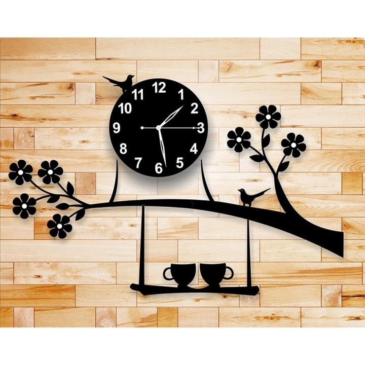 Birds on Tree with Coffee Cup Wooden Wall Clock Stylish Design Home Decoration Wall Hanging Clock. New Acrylic DIY Wooden Wall Clocks For Gifts, 3D Wall Clock For Bedroom, Acrylic Wall Clock, 3D Wooden Wall Clock Stylish Design, 3D DIY Wall Clock